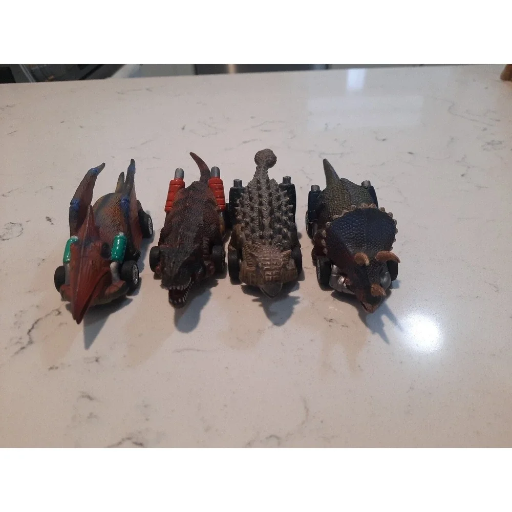 4 Dinobros Dinosaur Go-Kart Pull‎ Back Plastic Toy Car Rubber Tires